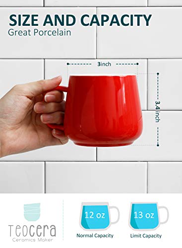 Porcelain Coffee Mugs Set of 4 - 12 Ounce Cups with Handle for Hot or Cold Drinks like Cocoa, Milk, Tea or Water - Smooth Ceramic with Modern Design, Red - Thumbnail 2