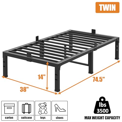 Image of FUIOBYVV Twin Bed Frames, 14 Inch Heavy Duty Metal Platform Bed Frame Twin Size Support Up to 3500 lbs, No Box Spring Needed, No Shaking, Steel Slat Support, Noise Free, Easy Assembly