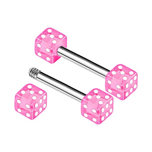 2Pcs Surgical Steel Pink Straight Barbell 14 Gauge 5/16 8Mm 4Mm Dice Acrylic Conch Rim Earrings Eyebrow Piercing Jewelry 3200 #TOP12