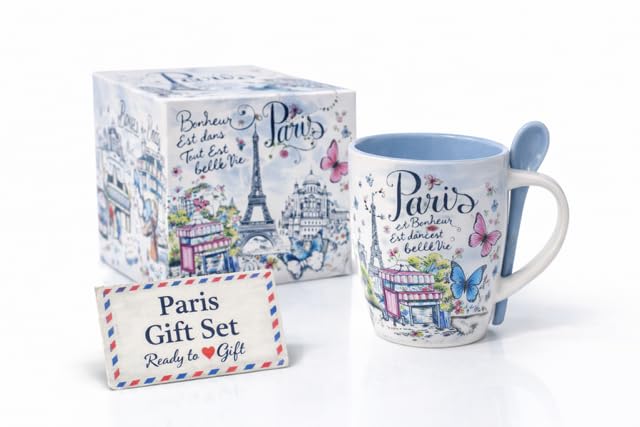 Mug Souvenir de Paris – 6 Designs Collection – Tasse en Céramique rose 320 ml avec Cuillère dans Coffret Prêt à Offrir – Cadeau Original pour Femme,...