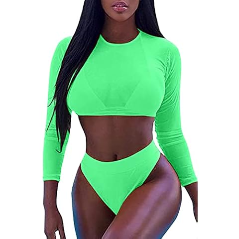 Meyeeka Womens Sexy High Waist Rash Guard Swimwear Long Sleeve 3PCS Swimsuit (XL, Green1) Cover