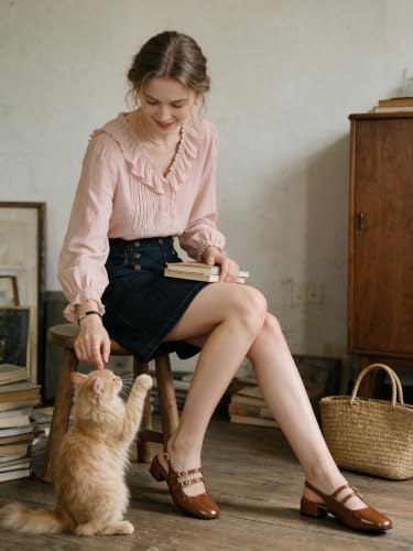 Image of Mostrin Mary Jane Shoes Women Slingback Chunky Low Heels for Women Closed Rounded Toe Ankle Strap Pumps Daily Wedding Party Dress Shoes