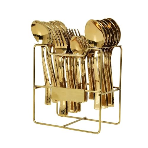 Image of Premium Stainless Steel, 25-Piece Cutlery Set for Kitchen & Table (6 Dessert Spoons, 6 Dessert Forks, 6 Tea Spoons, 6 Soup Spoons, 1 Storage Stand) (25, Square Golden Spoon)