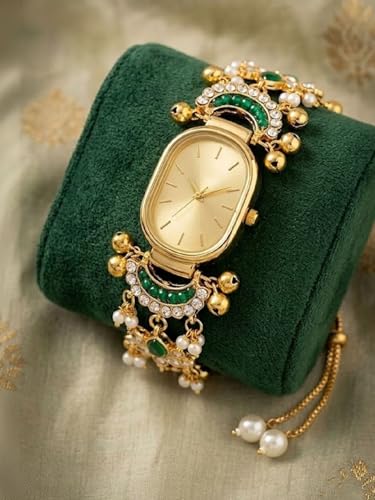 Image of Kashmiri Women's Bracelet Watch, Gold Tone, Oval Dial, Green Stone Charm with Pearl Pendant, Ethnic Style