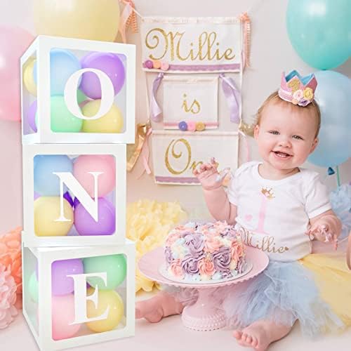1st Birthday Party Decorations Boxes for Boys Girls, 3Pcs Balloon Boxes with 30pcs Pastel Balloons and ONE Letters, Balloon Blocks for First Birthday Backdrop, 1 One Year Old Birthday Party Supplies