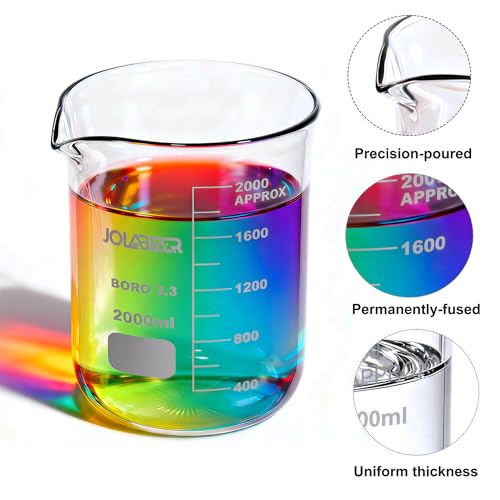 JOLABEAR 2000ml Durable Glass Beakers, 2L Laboratory Beaker with Printed Graduations, 3.3 Borosilicate, Low Form Design
