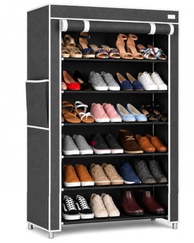 Image of 6 Layer Shoe Rack Plastic with Grey Cover | Multipurpose Plastic Shoe Rack for Home | Space Saving Foldable Shoe Stand | Storage Rack for Home, Bedroom & Entryway.