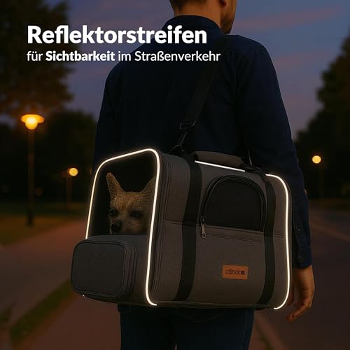 CADOCA® Transportbox Katzen bis 20kg faltbar Sonnen- und Regendach Schultergurt mit Napf Atmungsaktiv Komfortabel Wendekissen Haustier Katzenbox Tragetasche Hunde Auto Grau