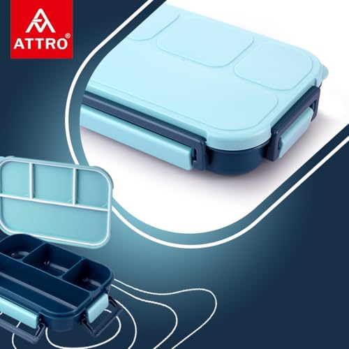 Image of ATTRO Gourmet 4 Compartment Lunch Box Portable Meal Organizer for Office, School BPA-Free, Food Grade, Freezersafe, Microwave & Oven Safe 1000ml Blue, Plastic