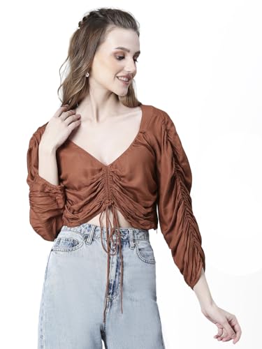 Image of oxolloxo Women Floral Print Semi-Sheer Round Neck Tie-Knotted Elasticated Long Crop Sleeve Top