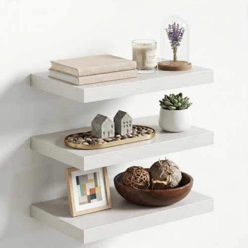 Image of Fun Memories 20 x 12 Inch Deep Floating Shelves, 12 Inch Deep Rustic Wooden Wall Shelves, Extra Deep & Heavy Duty Hanging Shelves for Living Room,Bedroom, Bathroom, Set of 3 (White)