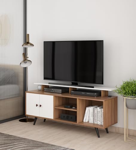 Image of A GLOBIA Creations Fynix TV Unit | Engineered Wood | TV Stand with Storage Cabinets & Open Shelves | Exotic Teak & Frosty White Finish | Knock Down | 36 Months Warranty