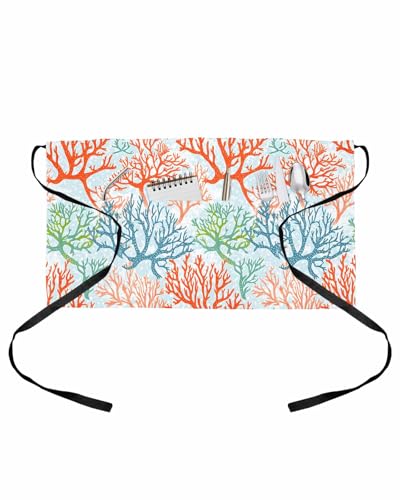 PIEPLE Ocean Coral Server Apron Waitress Aprons with 3 Pockets, Orange Red Green Turquoise Plant Branch Half Waist Waiter Aprons Restaurant Chef Aprons for Women Men