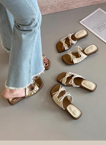 ZQW Women's Open Toe Bow Flat Sandals Lightweight Slip On Slides Comfortable Casual Beach Sandals for Summer Daily Walking2