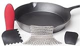 DoublePlus Hygienic Stainless Steel Chainmail Scrubber, Cast Iron Cleaner, Grill Pan Scrapers with Red Silicone Hot Handle Holder