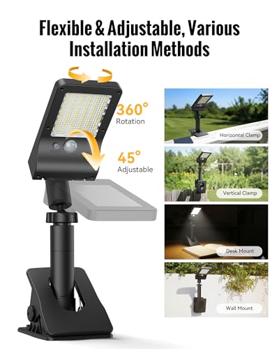 Image of Clip On Solar Lights Outdoor, 350LM Solar Motion Sensor Clamp Light with 1200mAh Battery, 3 Modes 360 Adjustable Waterproof Fence Lights for Porch, Mailbox, Camping, Emergency, Security
