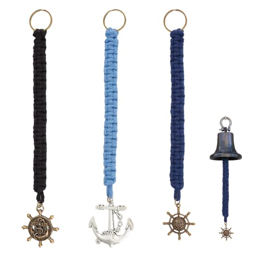 DELORIGIN 3 Styles Handmade Cotton Bell Rope, Nautical Ships Bell with Brass Open Jump Rings, Blue