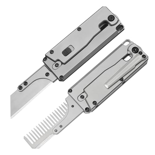 ainhue TC347 2-in-1 Titanium Handle Carrot Utility Knife, Hair Beared Comb, Retractable Box Cardboard Cutter EDC Pocket Knives, 10pcs SK5 Replaceable Blade with Pocket Clip, Glass Breaker
