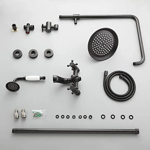 Jinyuze Classic Exposed Shower System 8 Inch Rainfall Shower Head With Handheld Shower, Antique Brass Cross Handle Shower Fixture With Tub Spout & Adjustable Slide Bar #TOP6