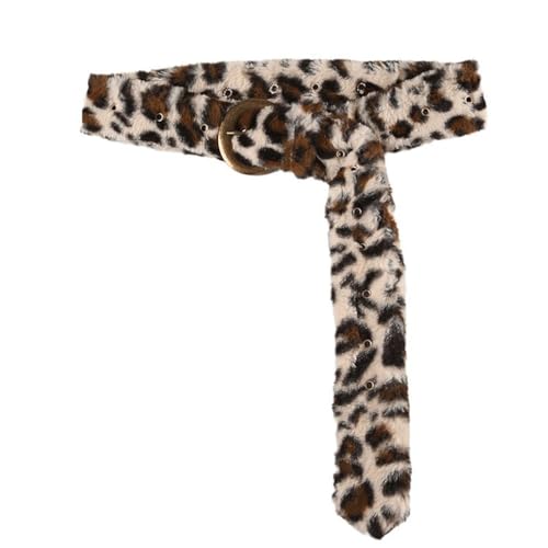 Retro Faux Fur Leopard Print Belt Warm Furry Waistband Metal Buckle Adjustable Waist Belt Vintage Punk Streetwear Accessory for Women Girls