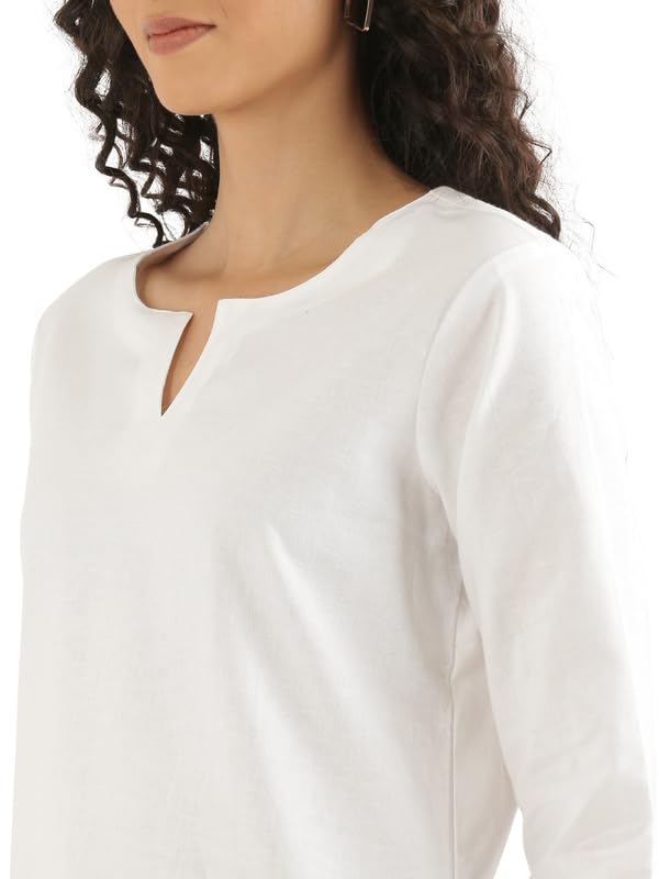 Image of SAADAA Airy Linen Split Neck Short Kurta for Women | Casual & Office Wear | 3 /4 Sleeves, Comfortable Fit | Elegant Top | Lightweight & Breathable Fabric |
