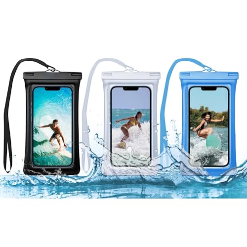 Waterproof Phone Pouch - Floating Waterproof Cellphone Case- Water Proof Clear Holder Protector for iPhone 15 Pro Max, Protector for iPhone with Neck Cord (3-Pack) (Black-Clear-Blue)