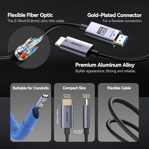 BENFEI 8K HDMI 2.1 Fiber Optic Cable 100 Feet - 8K@60Hz, 4K@240Hz, 48Gbps High Speed, in-Wall CL3 Rated, with eARC/Dynamic HDR/HDCP 2.3 - for PS5, Xbox, PC GPU, TV, Projector & Home Theater Systems