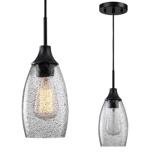 Mini Glass Pendant Light 1-Light 4.72" Handblown Black Seeded Clear Glass Shade,with Matte Black Metal Adjustable Cord Ceiling Light Fixture for Kitchen Island Sink
