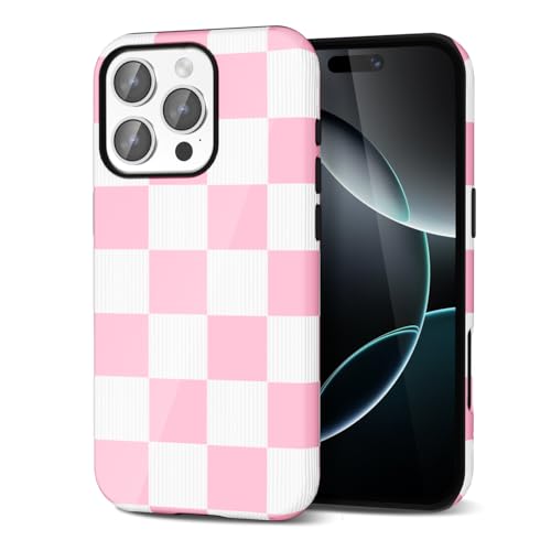Coque iPhone 16 Pro motif à carreaux rose et damier esthétique