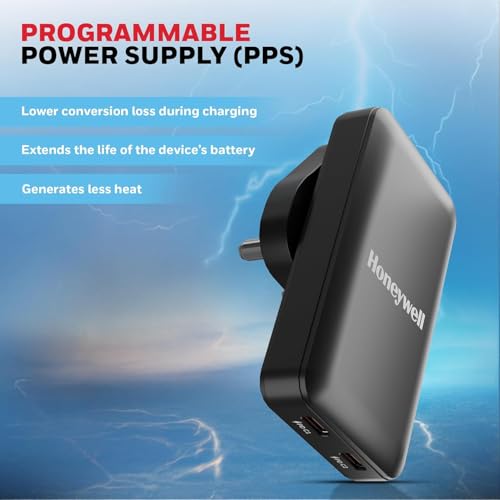 Image of Honeywell Zest Ultra-Thin GaN 45W Dual Type-C PD 3.0 Wall Charger with PPS Support, Ultra-Fast Charging, Compatible with iPhone, iPad Pro, Pixel, Galaxy, OnePlus, Tablets & Smartwatches