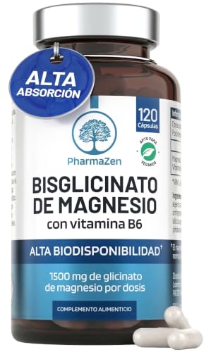 Bisglicinato de Magnesio 1500 mg - Sueño y energía - 300 mg de magnesio puro con vitamina B6 - Glicinato quelado - 120 cápsulas veganas - Alta absorción - PharmaZen
