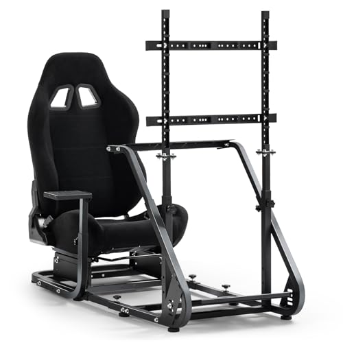 Marada Racing Cockpit Frame with TV Stand,Gear Mount & Black Seat Fit for G923, G920, T500, Fantec/T3PA/TGT,Height Adjustable,Wheel and Pedals Not Included