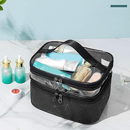 Bolsa feminina para cosméticos de camada dupla – Bolsa organizadora transparente para transporte e m