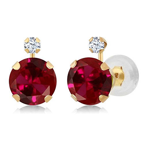 Gem Stone King 14K Yellow Gold Round Red Created Ruby and White Created Sapphire Women s Earrings (2.08 cttw)