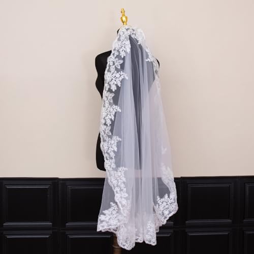 Fubney Wedding Veil Lace Bridal Veil with Metal Comb,Cathedral Length Veil Tulle 1 Tier Long Vei for Bridal Bachelorette Party