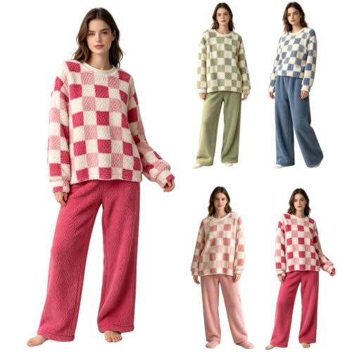 Flannel Pajamas for Women 2 Piece Plaid Crewneck Top Wide Leg Home Pants
