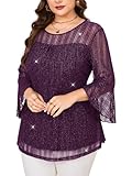 ZOMVA Blusas de manga 3/4 con volantes para mujer, talla grande, casual, elegante, elegante, cuello redondo, doble capa, túnica de malla brillante, Malva pálido , 4XL/plus
