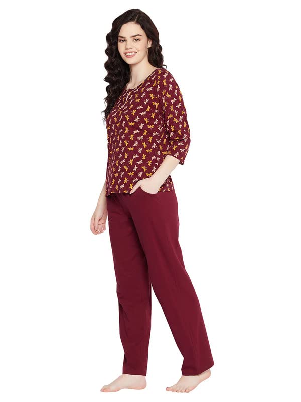 Image of Clovia Women's Cotton Butterfly Print Top & Solid Pajama Set