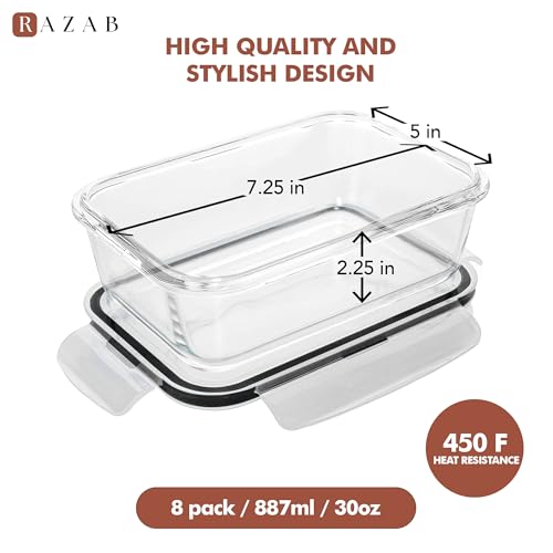 Image of Razab 16 Pc (Set of 8) 30 Oz Glass Meal Prep Containers with Lids, Airtight Large Glass Food Storage Containers, Reusable Leak Proof BPA Free, Freezer to Oven and Dishwasher Safe