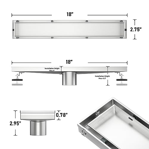 Image of Linear Shower Drain 18 inch Brushed 304 Stainless Steel | Fast Drainage | Tile Inserted | Stainless Floor Drain Grate | Hair Strainer | Drain Key | The Upgrade for Your Bathroom