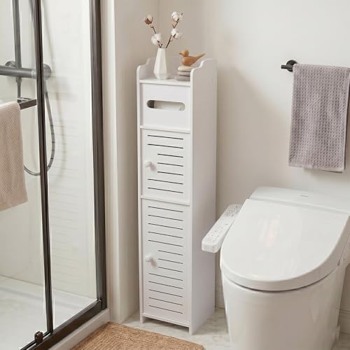 ShellKingdom Toilet Paper Holder Stand, Small Bathroom Storage Cabinet, Over The Toilet Slim Storage Cabinet for Small Spaces Corner Floor, 31.5x6.7x6.1inch - White