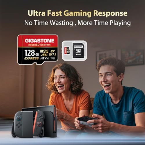 Image of 【Designed for Switch 2】 GIGASTONE 128GB microSD Express R /W 880 /500MB /s SDXC Memory Card SD 2.0 3.0 5.0 7.1 UHS-I UHS-II, Action Camera Drone, V30 U3, SD Adapter 【5-Years Data Recovery】