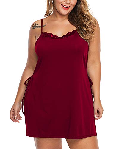 Image of Women Plus Size Lace Babydoll Lingerie Side Slit Strappy Chemise Sleepwear