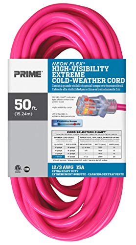 Prime Wire & Cable Ns513830 50-Foot 12/3 Sjtw Flex High Visibility Extra Heavy Duty Outdoor Extension Cord With Primelight Indicator Light, Neon Pink #TOP2