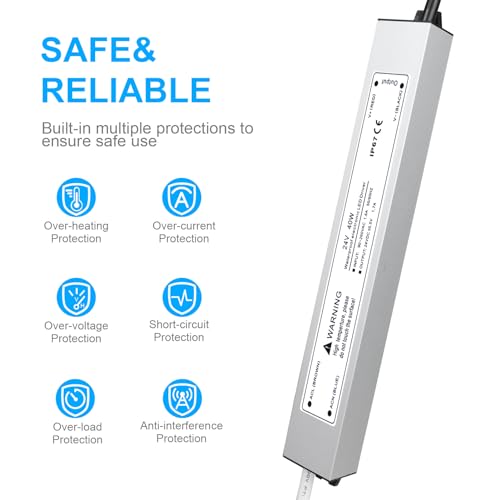 Image of LightingWill LED Driver 40 Watts Waterproof IP67 Power Supply Transformer, 90-260V AC to 24V DC Low Voltage Output, Adapter with 3-Prong Plug 3.3 Feet Cable for Outdoor Use, Computer Project