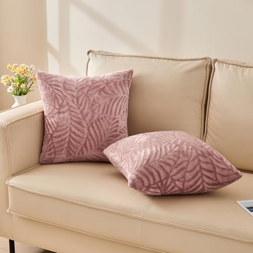 SOCHOW Decorative Throw Pillow Covers 20x20 Inches Set of 2, Soft Leaves Textured Flannel Fleece Pillowcase Square Cushion Covers for Sofa Couch Bed, Dusty Pink by SOCHOW - Image 2