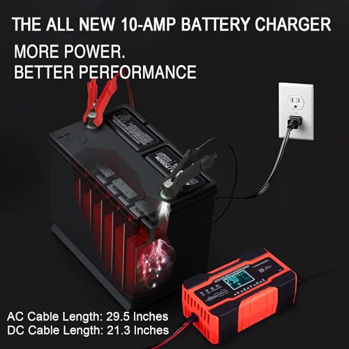 10A Autobatterie Ladegerät, 12V/24V Smart vollautomatische Batterie Ladegerät mit 7-Stufiger Ladung und LCD-Bildschirm Batterie Ladegerät, geeignet für AGM, Wet und Gel-Blei-Säure-Batterien