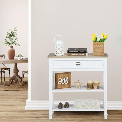 Console Sofa Table with Drawers, 3-Tier Farmhouse Entryway End Table with Open Storage Shelves, Accent Side Table for Hallway Living Room, Wooden Top, Handcrafted Finish (White) - Thumbnail 2