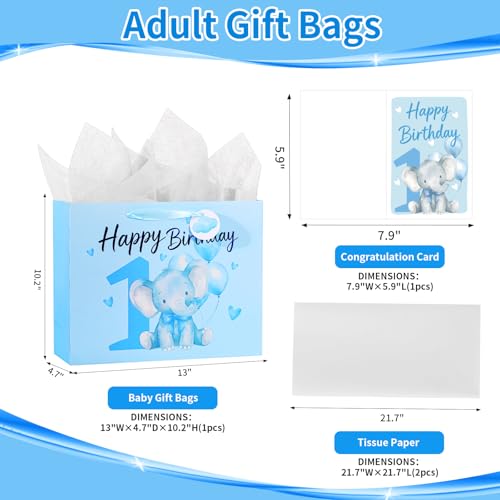 Image of Powbrace 13 inch 1st Birthday Gift Bag with Tissue Paper and Greeting Card for Party, Happy Birthday Gift Bag for Men Women,Gift Bags Medium size(1 PCS Blue Cartoon)