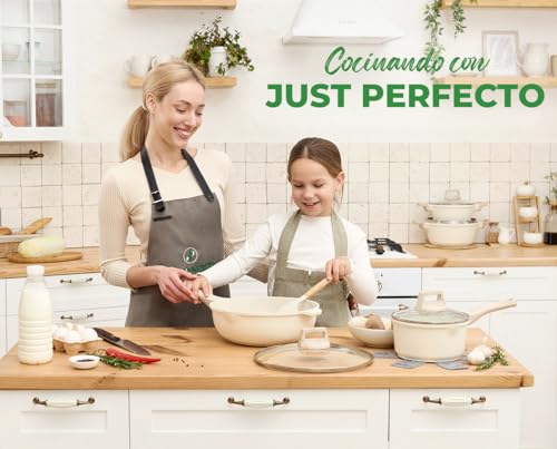 JUST PERFECTO Bateria de Cocina Induccion y Sartenes Antiadherentes, Ollas 28cm, Sartenes 24cm 28cm, Cacerolas libre de PTFE y PFOA (15 piezas beige) - imagen 4